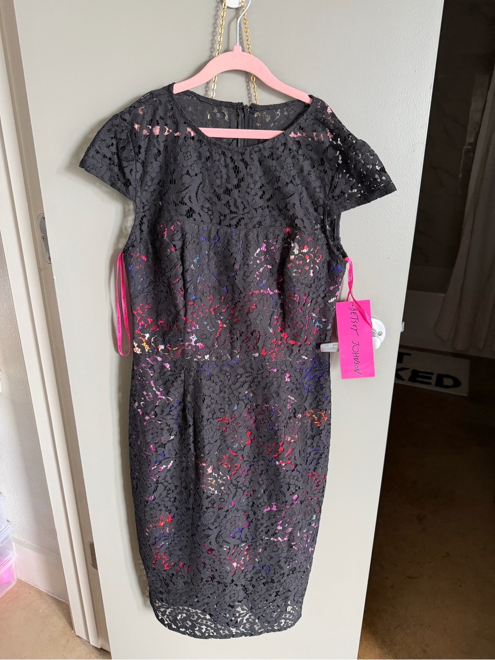 Betsey Johnson Black Lace Midi Dress with Multicolor Floral Underlay